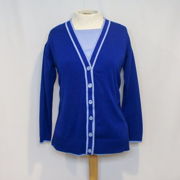 Talbots Royal Blue Contrast Trim Button Front V Neck Cardigan + Matching Shirt - Picture 13 of 13